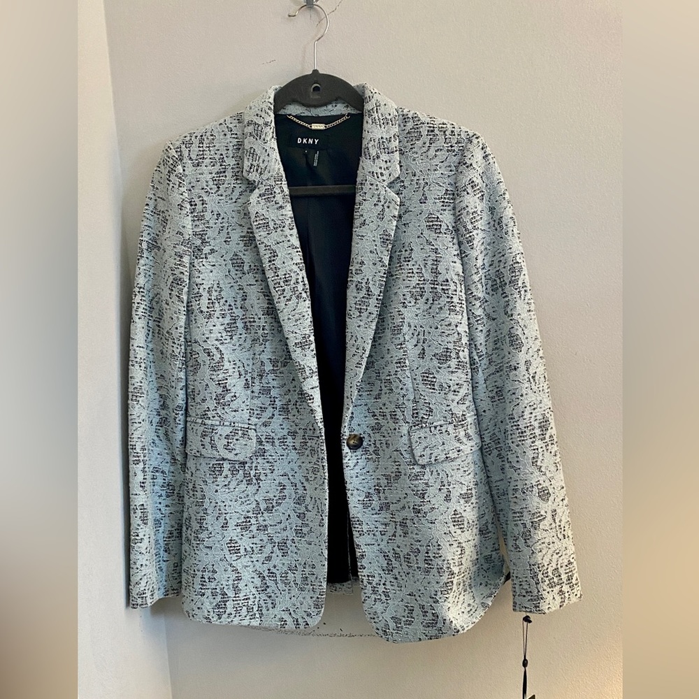 DKNY Black/Gray Tweed Blazer with Light Blue Lace overlay